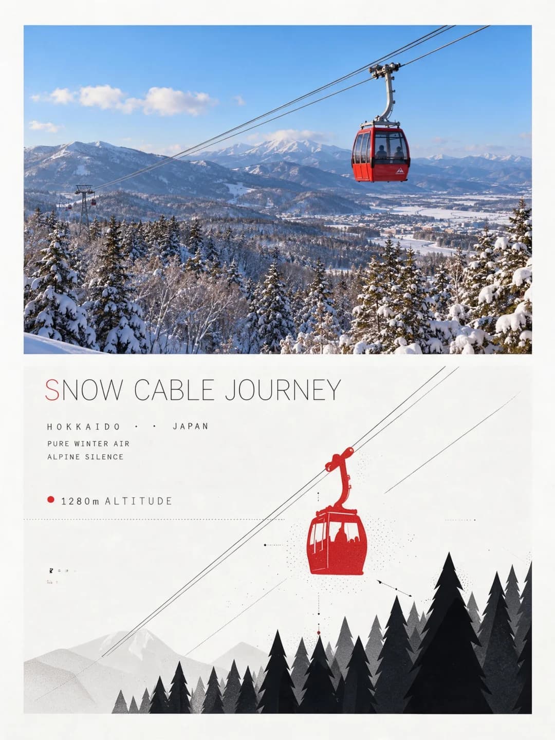 A gondola over Hokkaido — one red accent carries the whole lower half