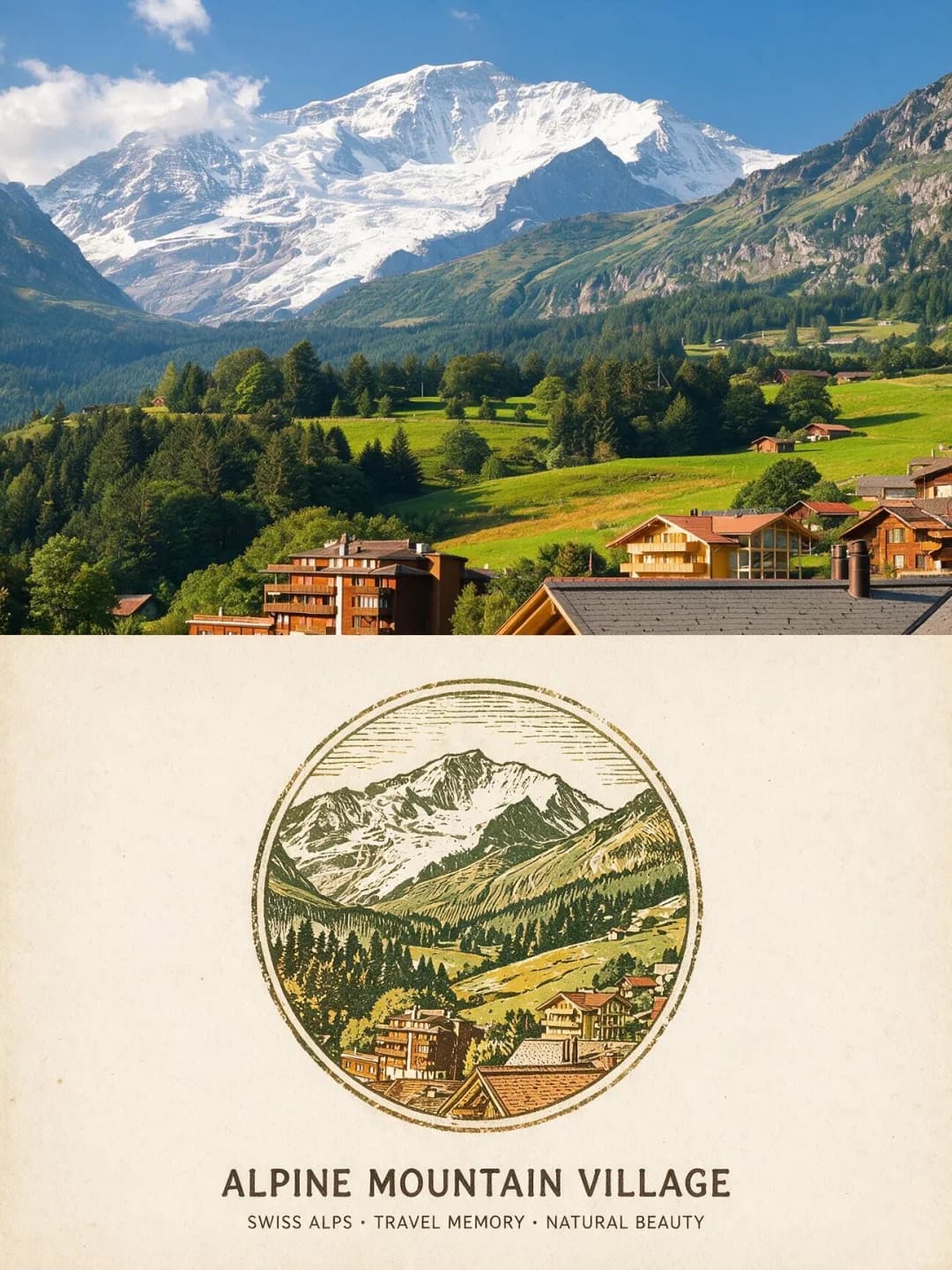 Swiss alpine village — olive and ochre ink, chalets carved down to a few lines