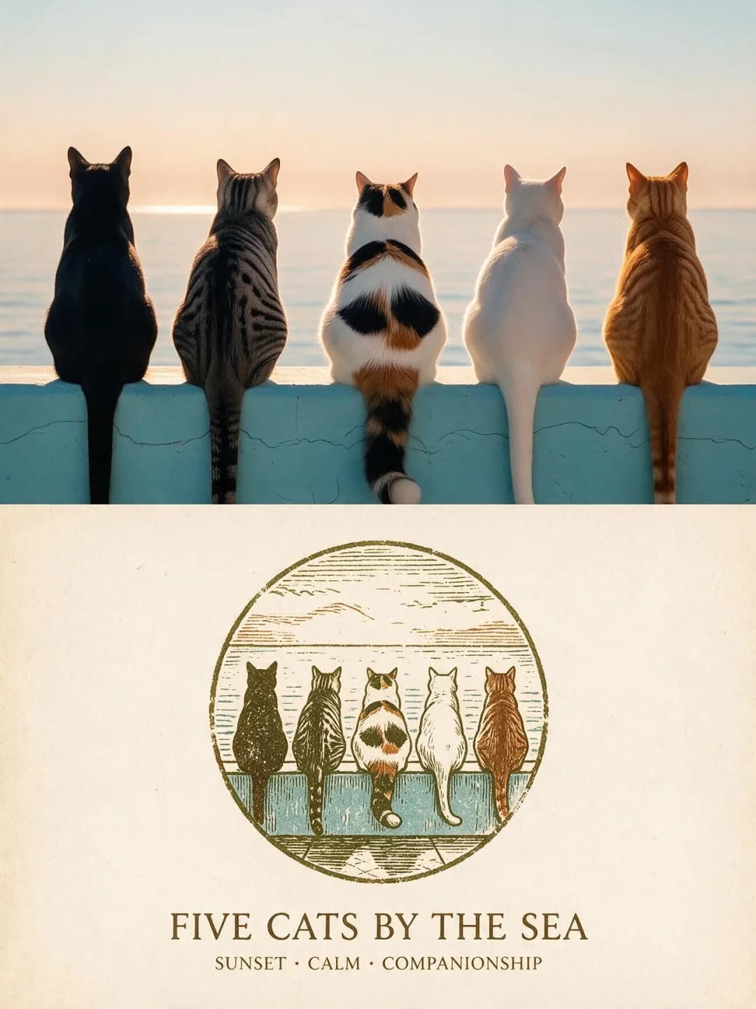 Five cats at sunset — the stamp keeps all five, in order, with their markings