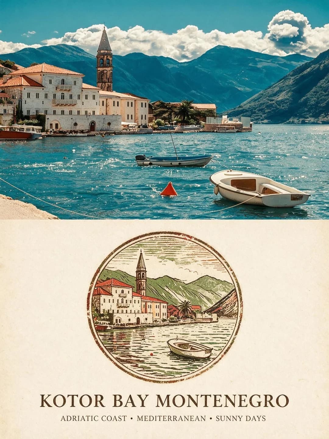Kotor Bay, Montenegro — the bell tower anchors the composition in both halves