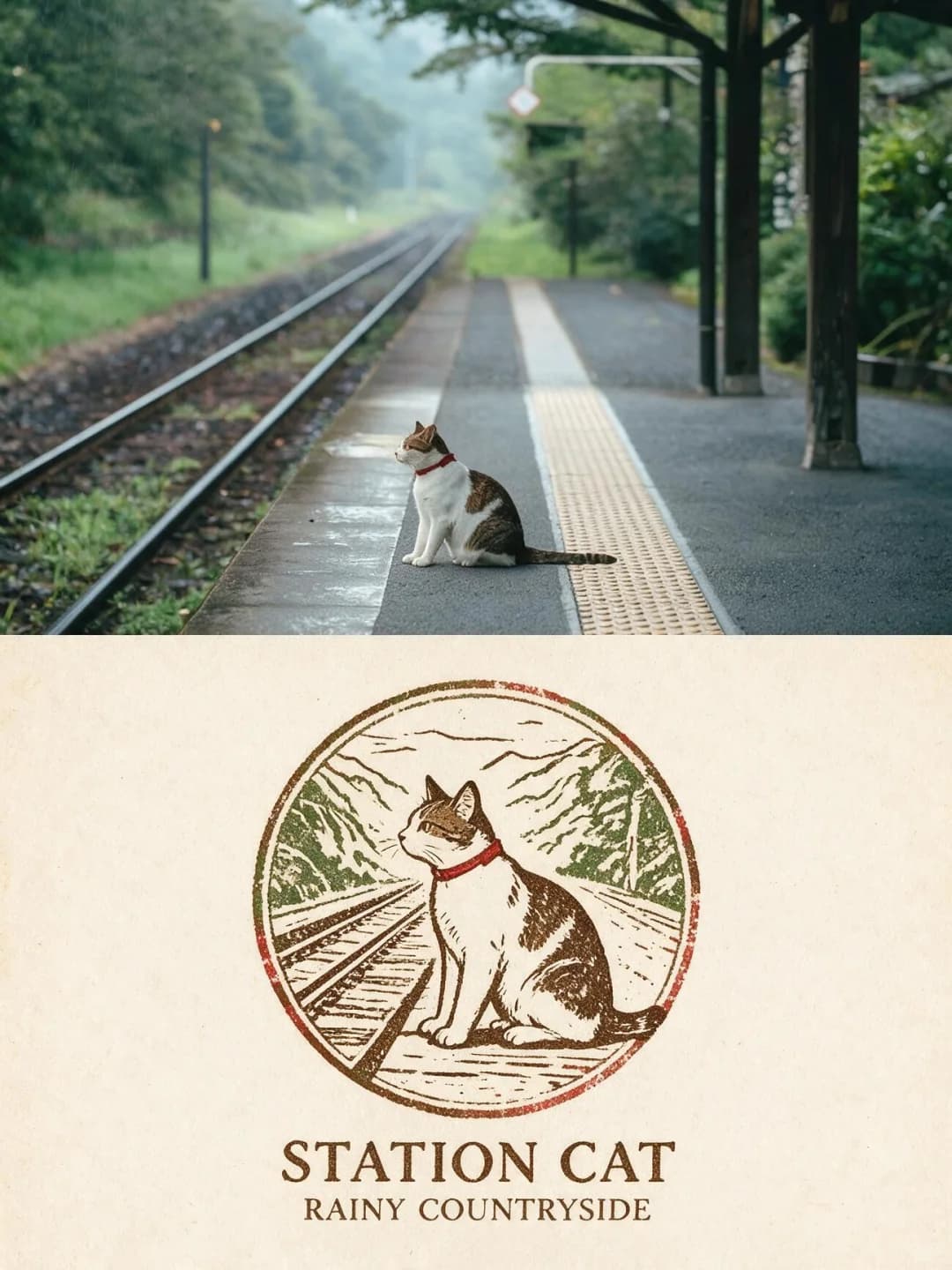 A cat on a rainy platform — a single subject gives the cleanest stamp
