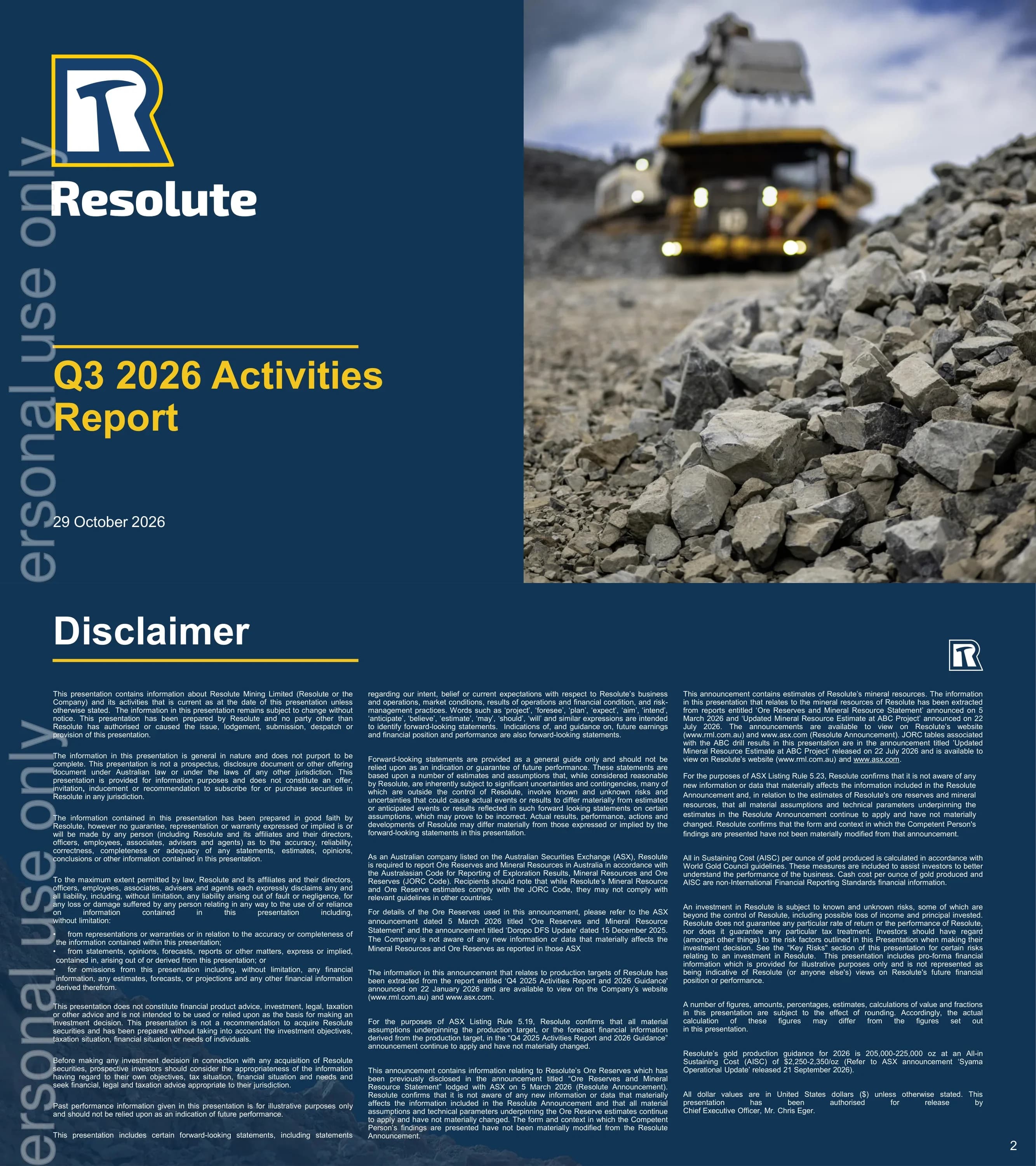 Resolute Mining Q3 2026 Activities Presentation