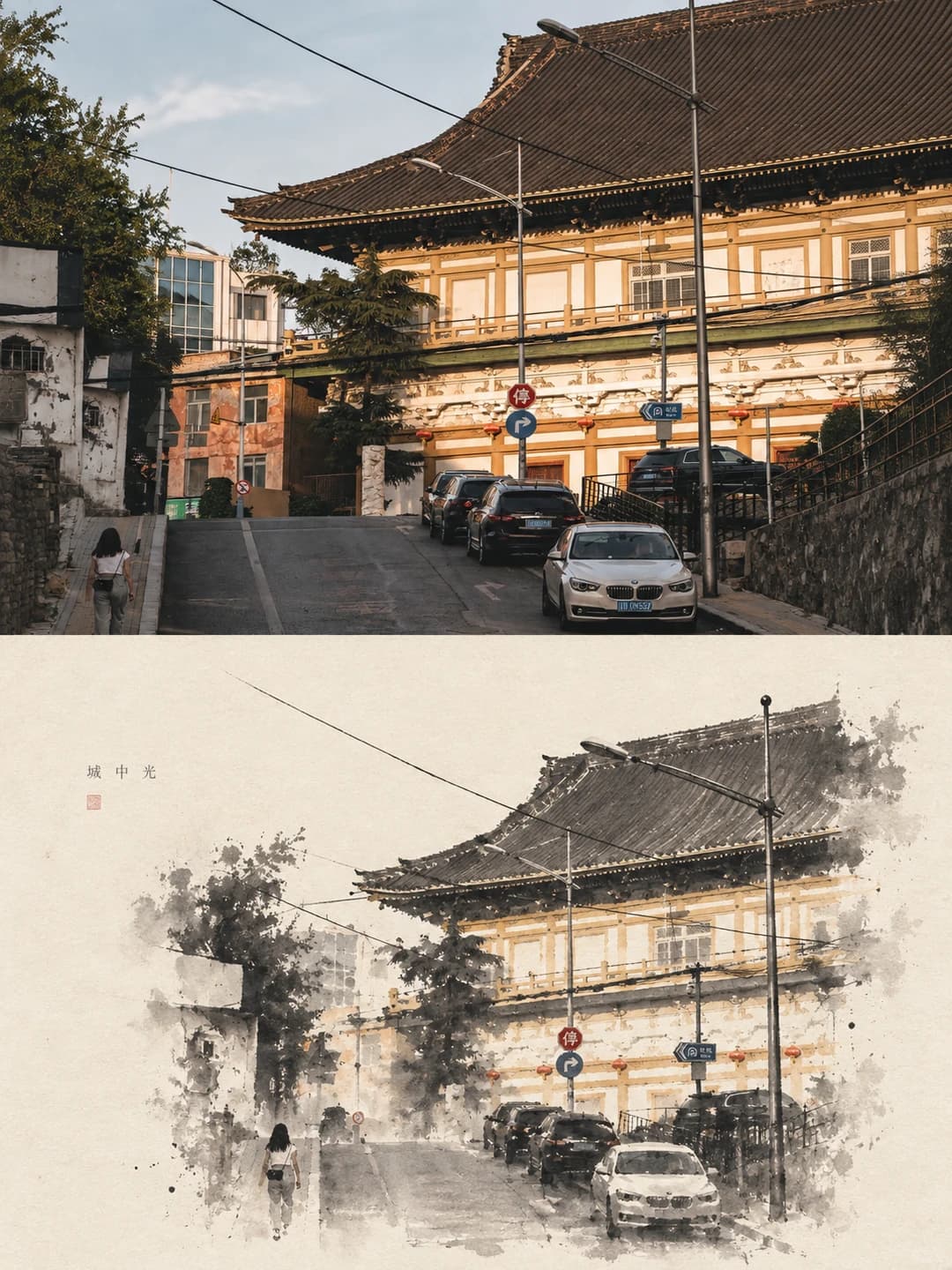 A temple roof above a city street — the overhead wires survive as three ruled lines, the parked cars dissolve into wash