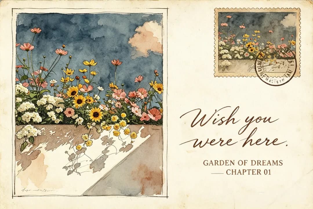 The cosmos and hydrangeas keep their colours, but the wall behind them drops to a single wash and a cast shadow.