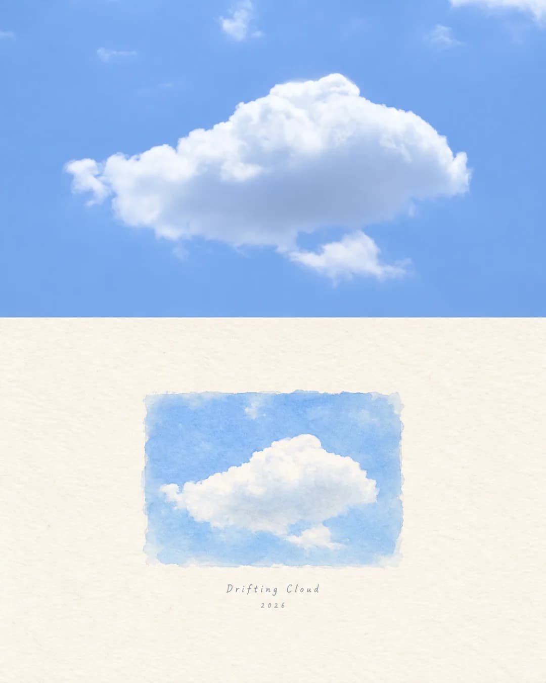 One cloud, painted at a fraction of the size, with the blue left as a single flat wash inside a torn-edged rectangle.