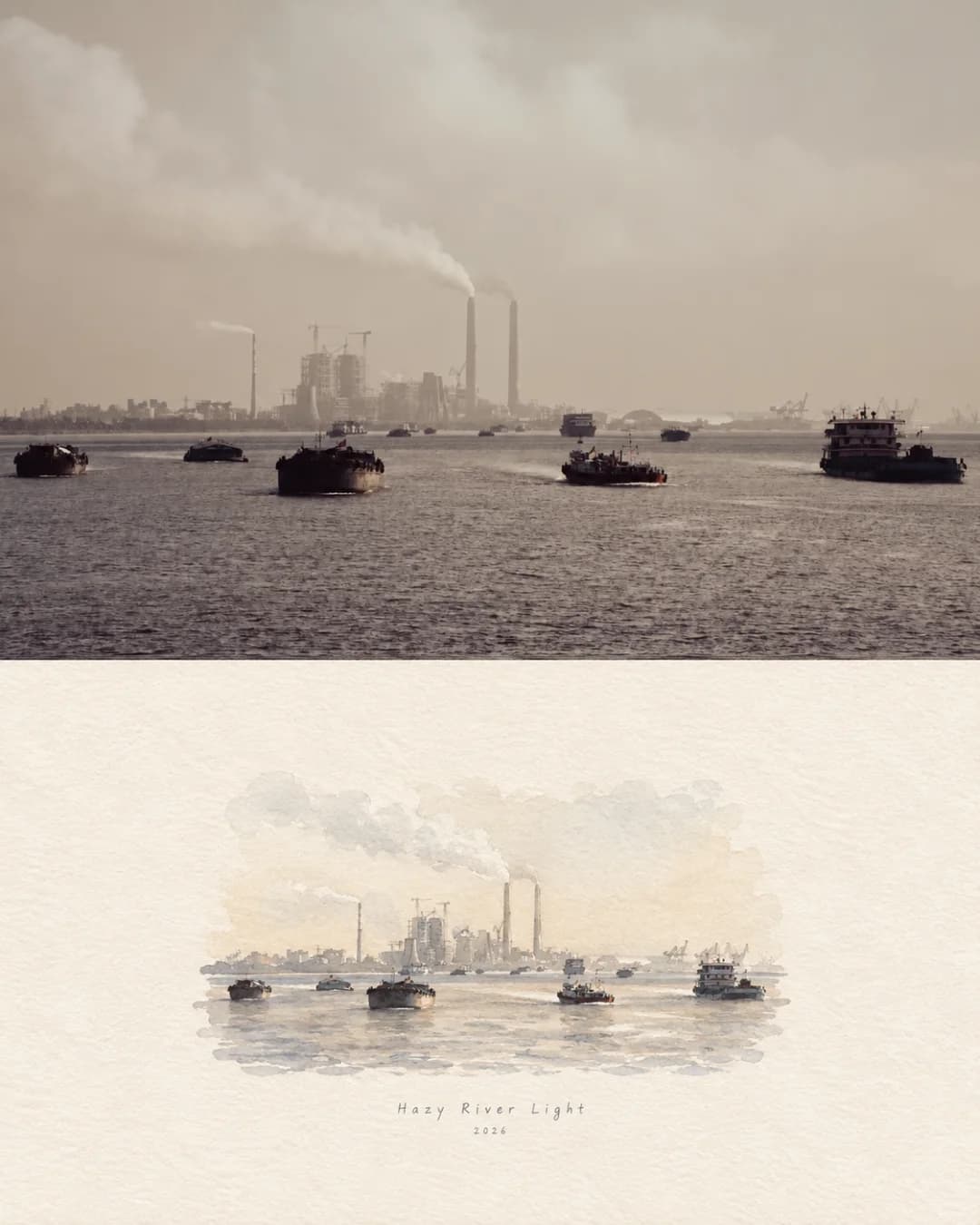 The barges shrink to a row of marks on the water, and the industrial skyline dissolves into pale haze.