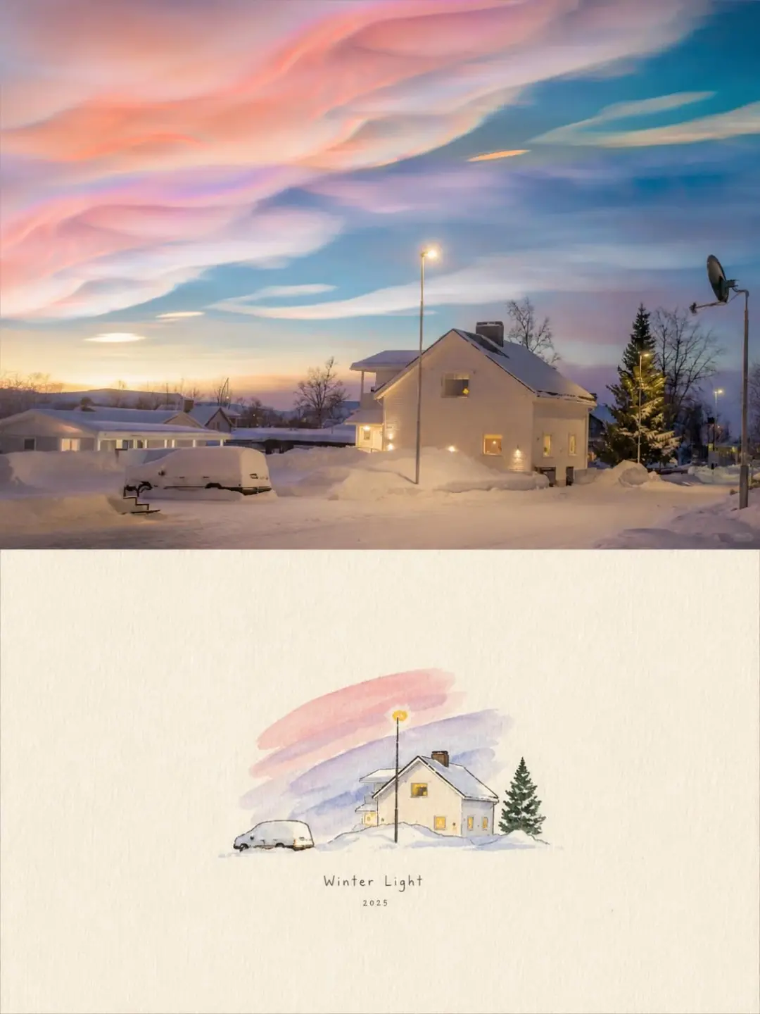 The pastel sky survives as three loose bands of wash; the house keeps its lit windows and little else.