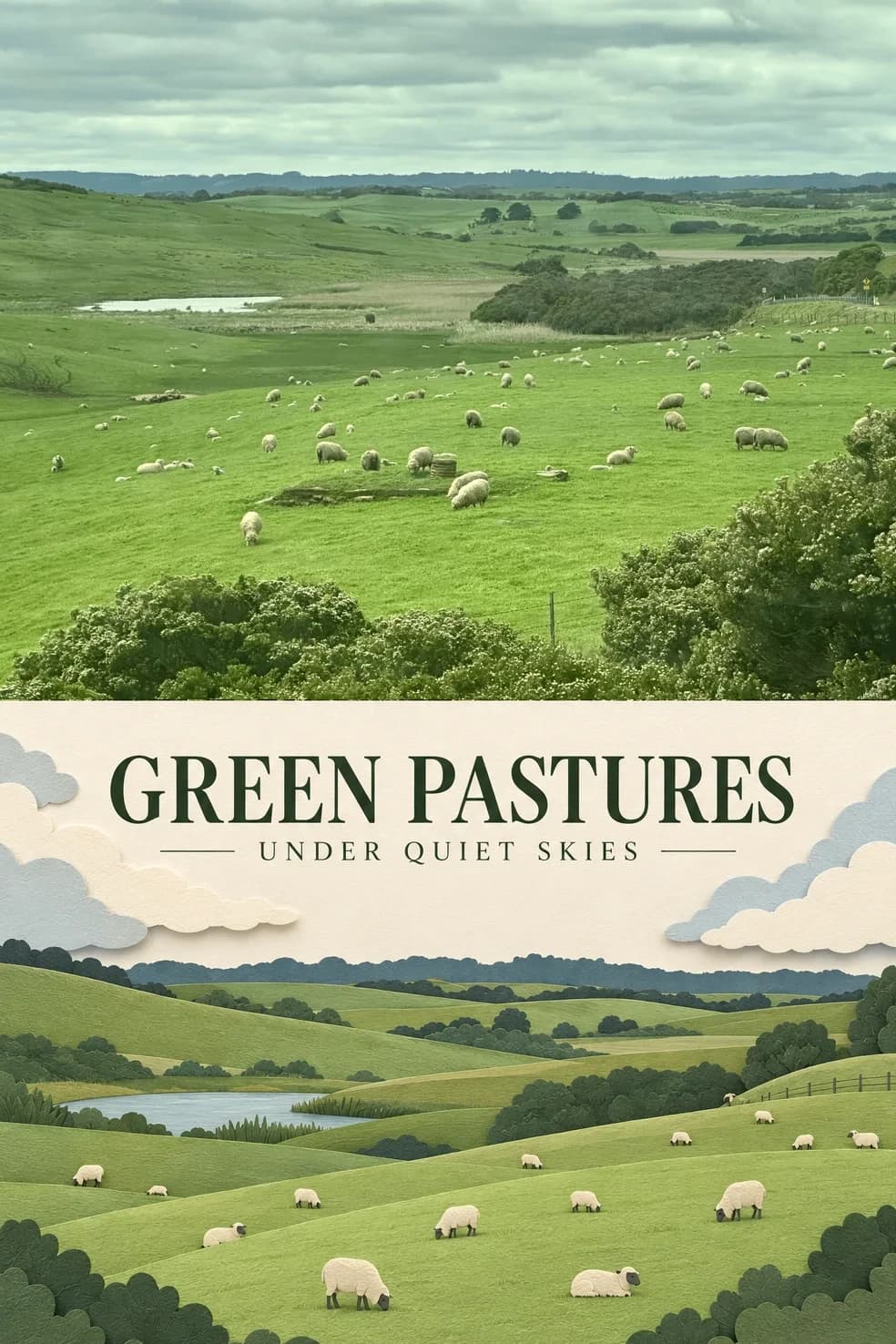 The lake, the scattered sheep and the hedgerows keep their layout across layered green hills.