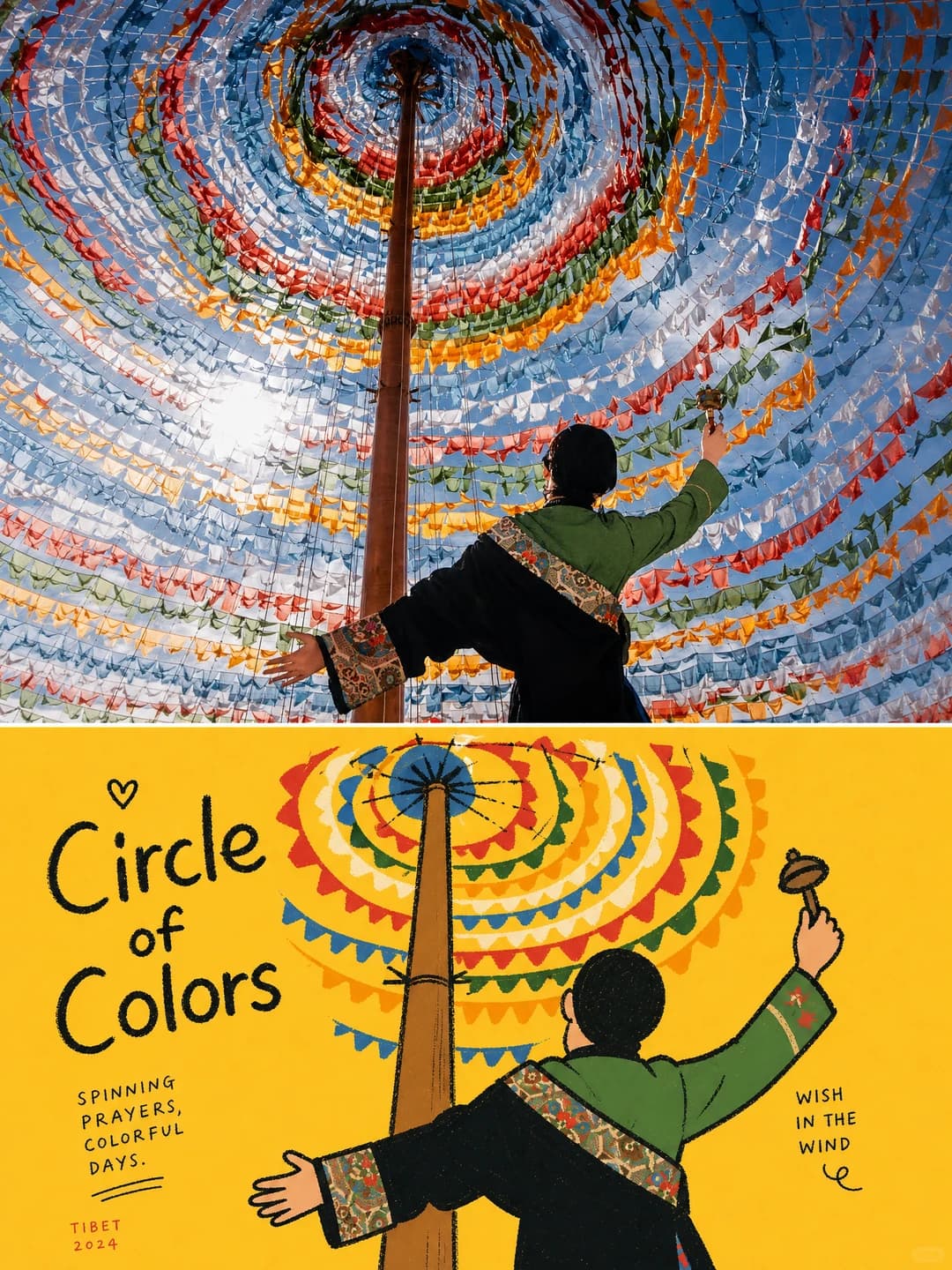 Prayer flags over Tibet — the whole sky is replaced by one field of yellow