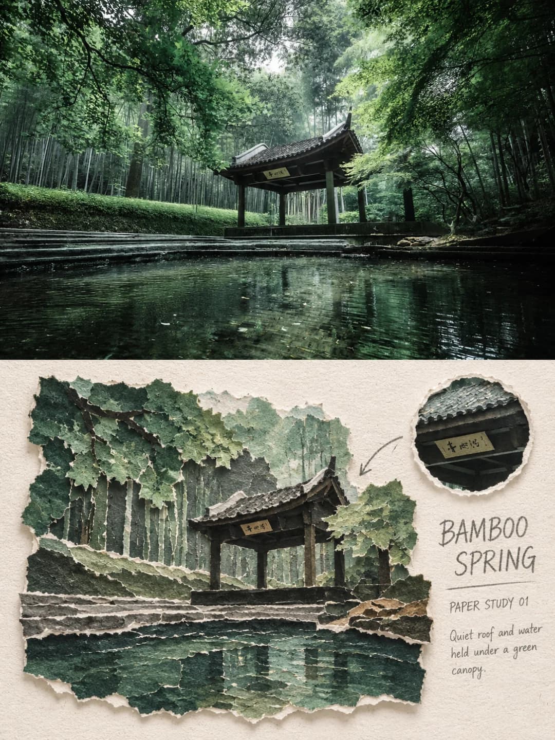 A pavilion above a bamboo spring — one warm sign board against six shades of green