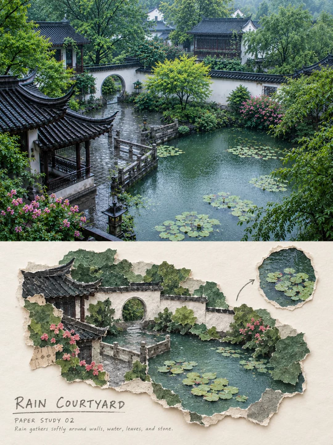 A courtyard pond after rain — the roofline is built from layered card, the water from a single wide tear