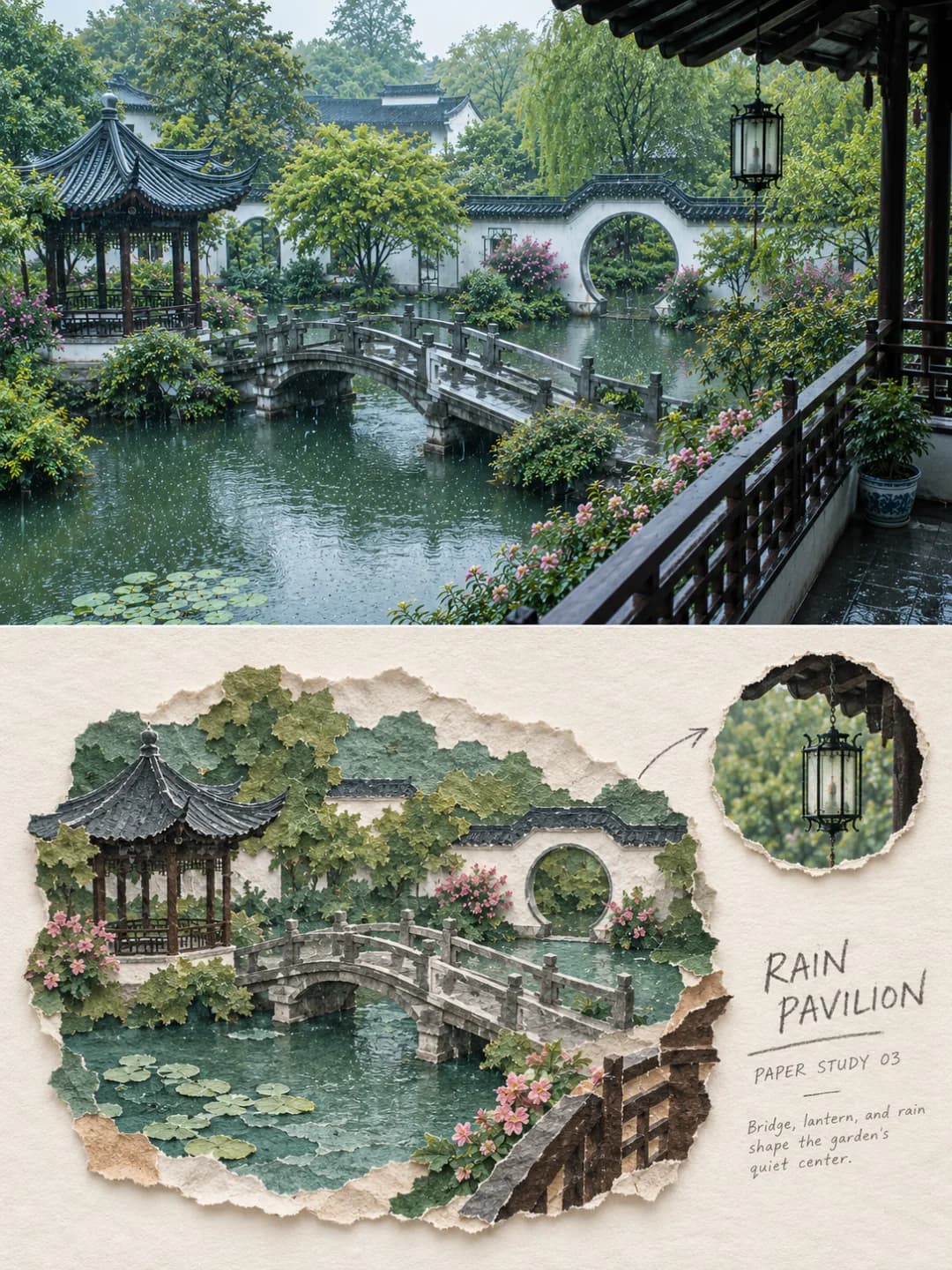 A pavilion and a stone bridge in rain — lily pads torn from thin green stock, lantern enlarged in the inset