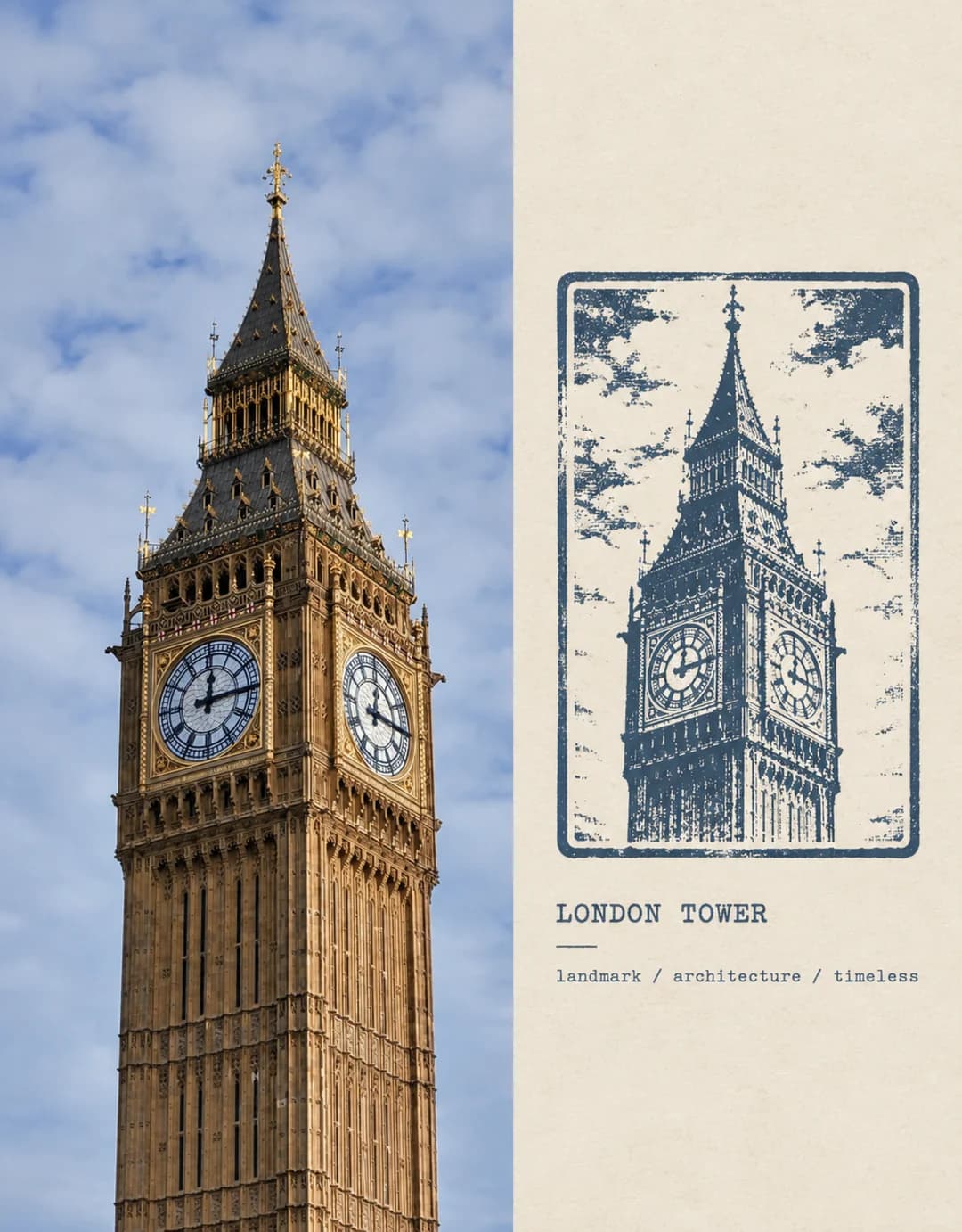 Big Ben in one blue ink, the clock faces and the spire carrying the whole stamp