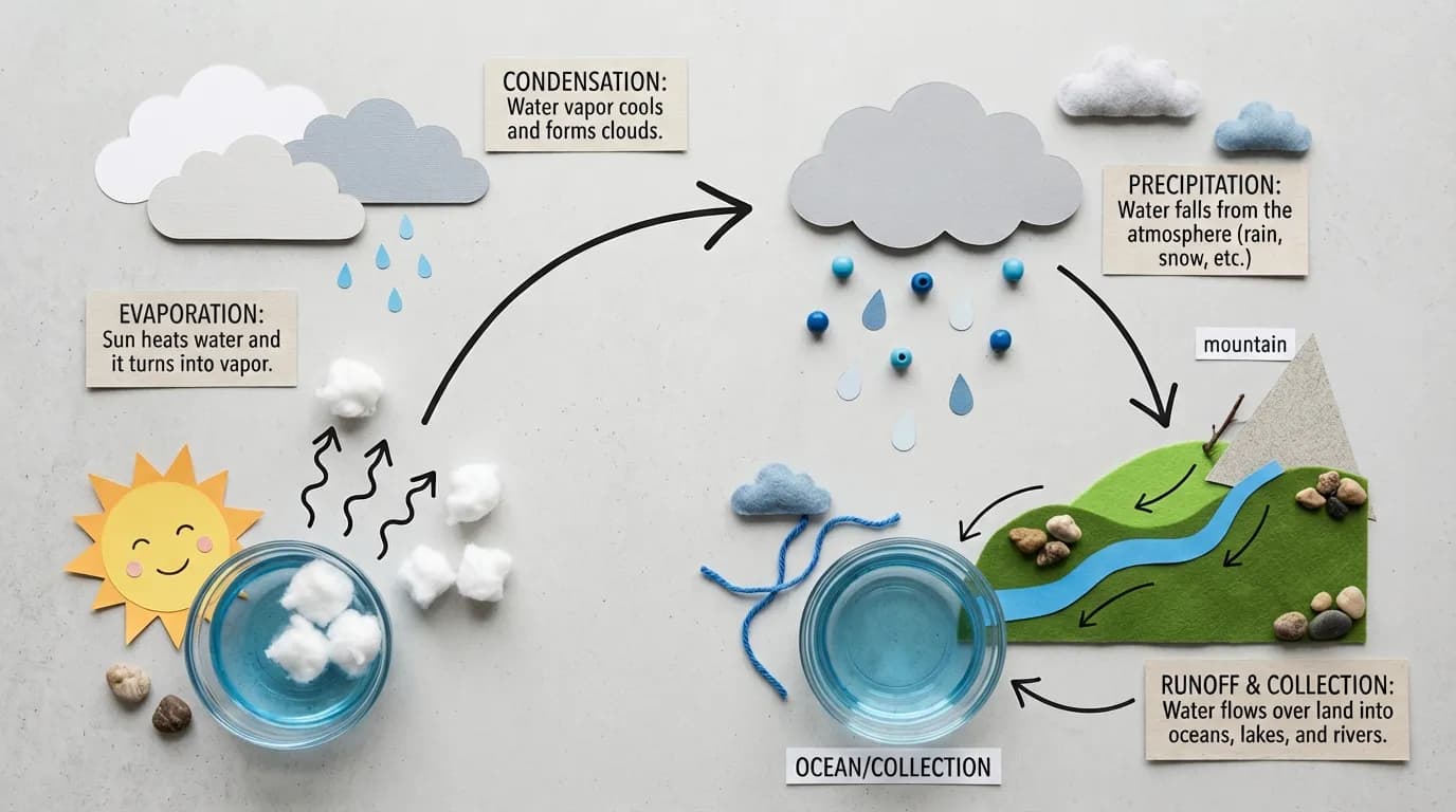 Nano Banana Pro PPT Prompt: A flat lay infographic depicting the water cycle
