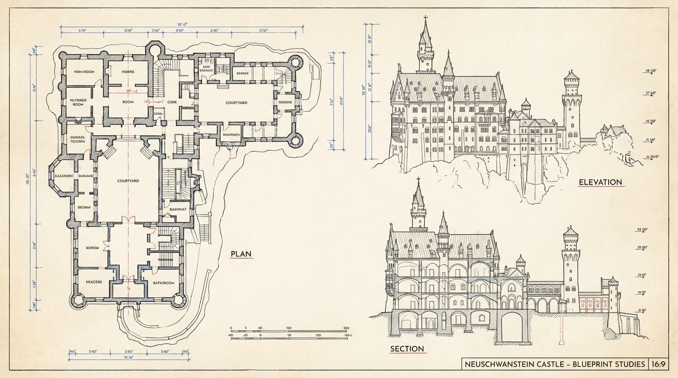 Nano Banana Pro PPT Prompt: Orthographic blueprint with plan, elevation and section