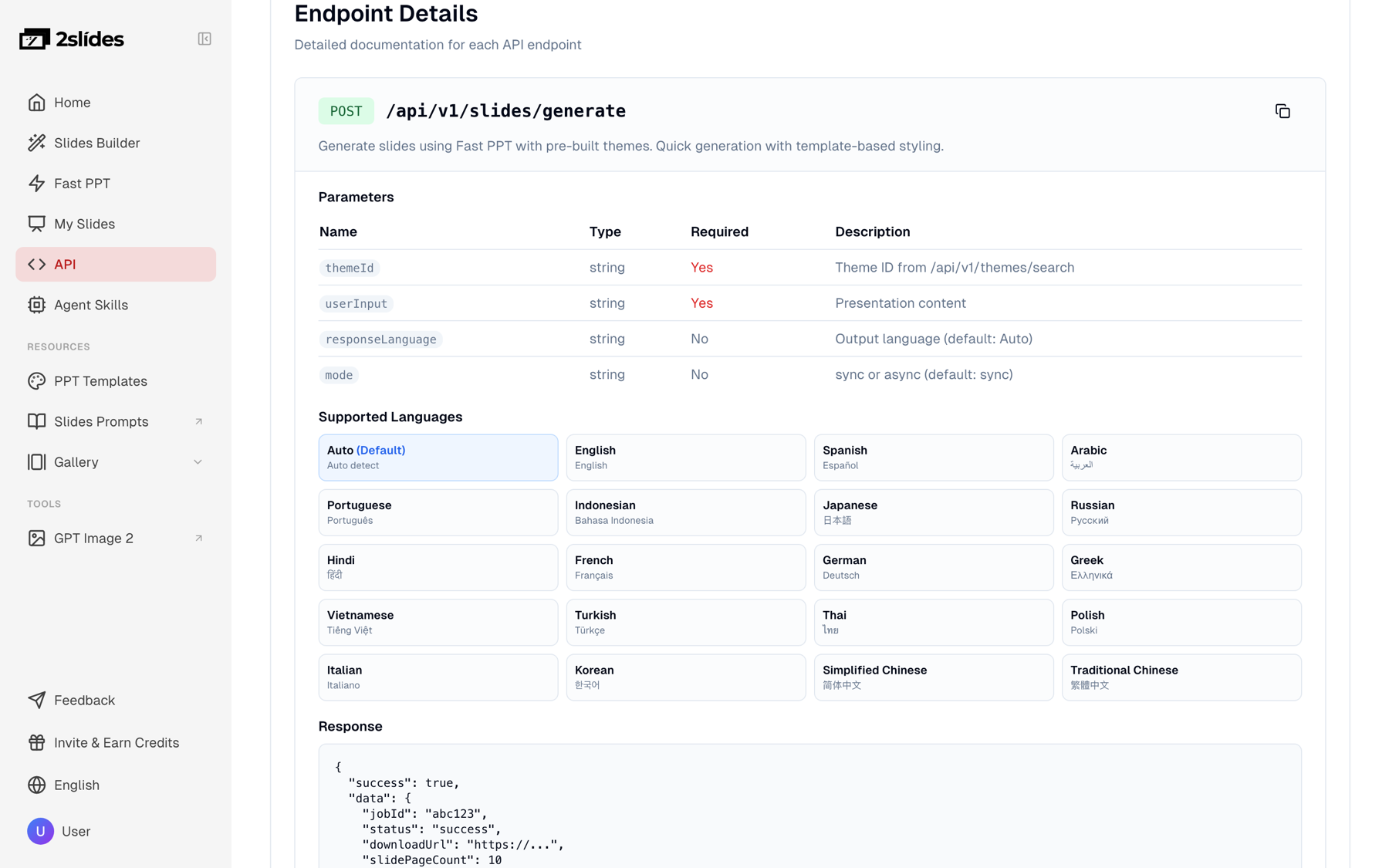 2Slides generate endpoint with responseLanguage and the 20+ supported languages for patient materials
