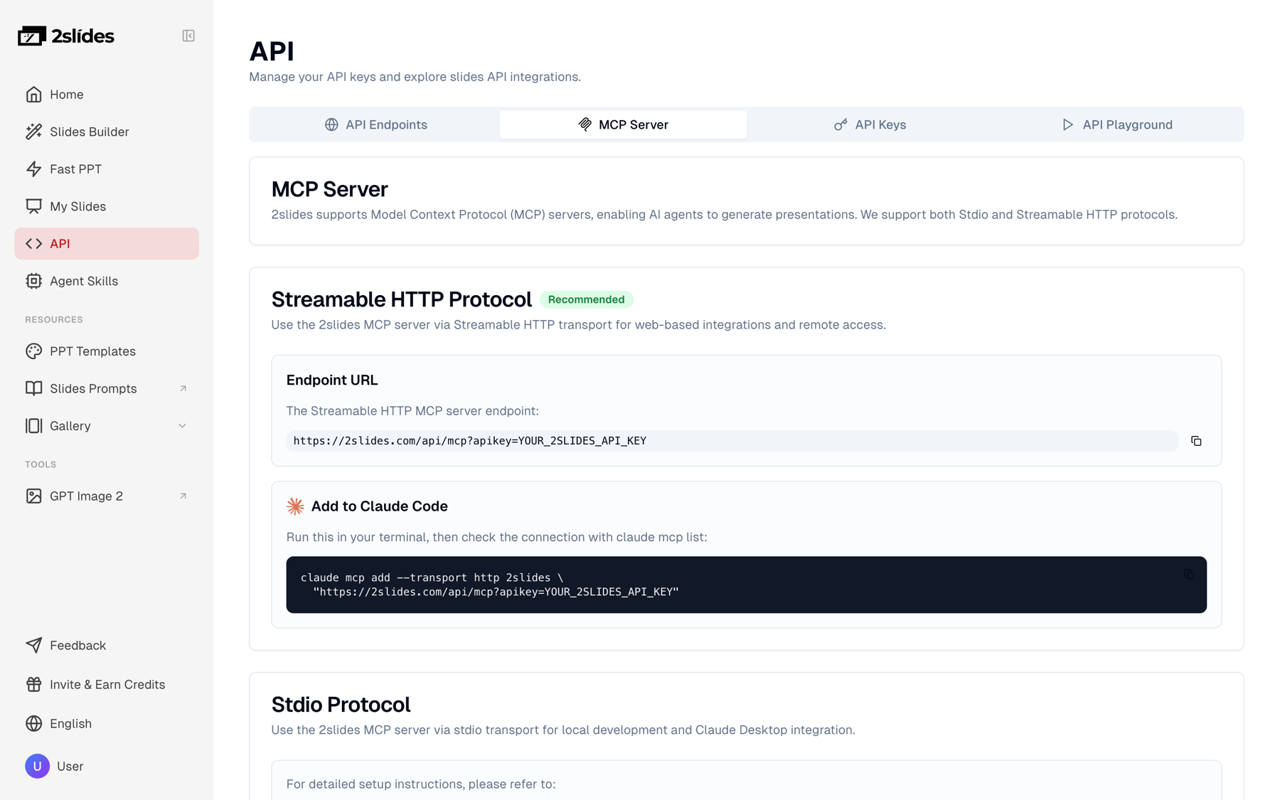 2Slides MCP Server tab with the Streamable HTTP endpoint and the claude mcp add command