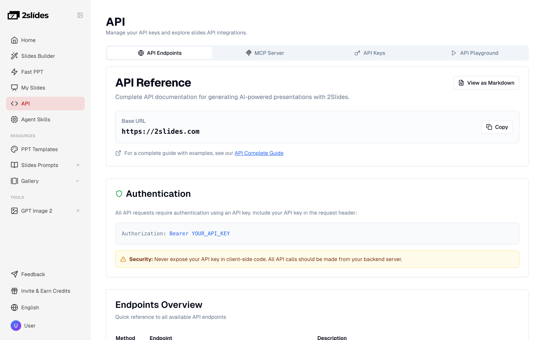 2Slides API reference with the security note to keep API keys server-side