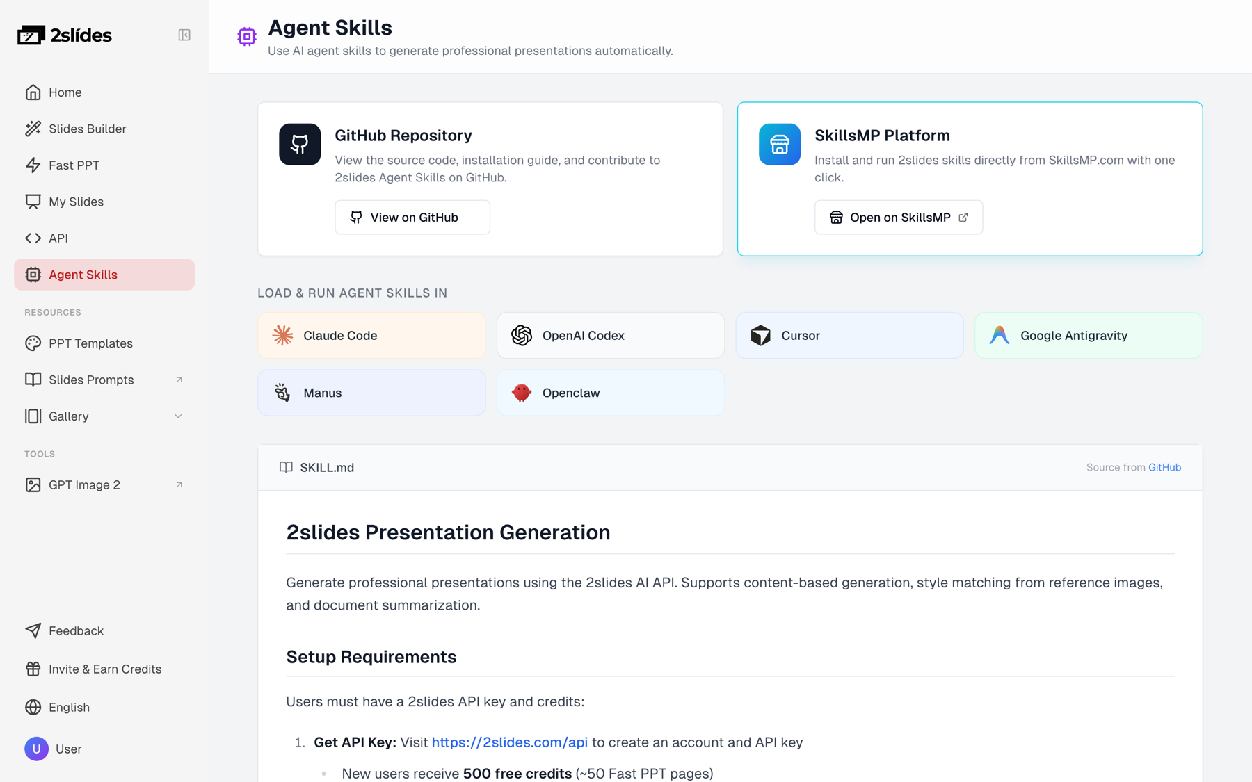 2Slides Agent Skills page listing Claude Code, OpenAI Codex, Cursor, Google Antigravity, Manus and Openclaw