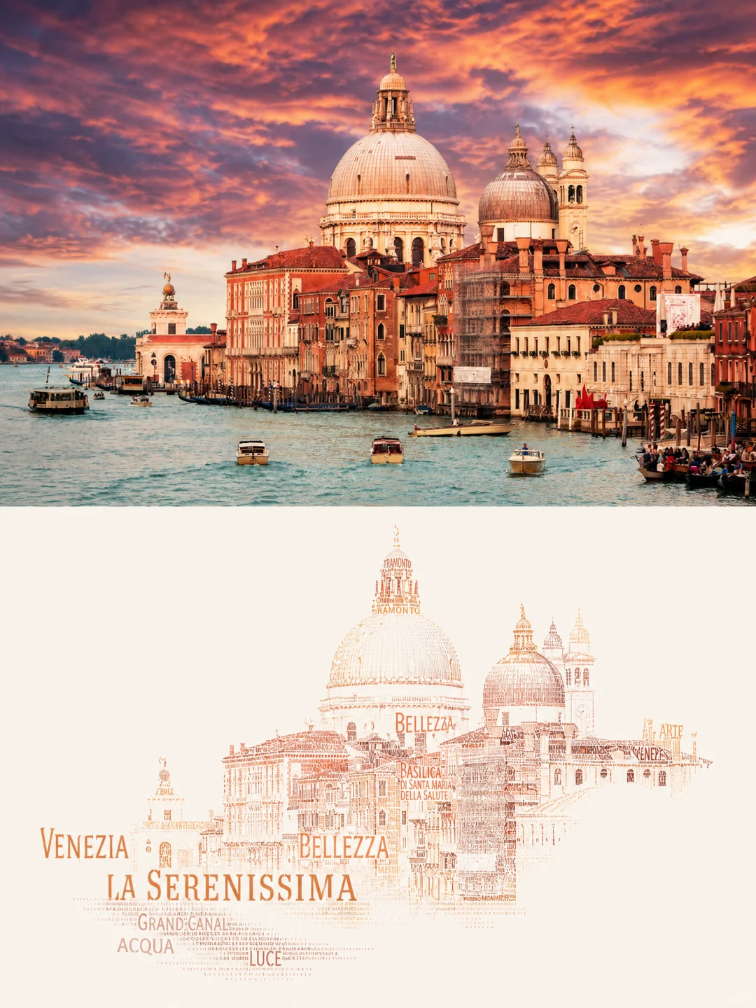Calligram Word Art Poster sample: the Salute church in Venice at sunset, with VENEZIA and LA SERENISSIMA forming the skyline and smaller words building the domes