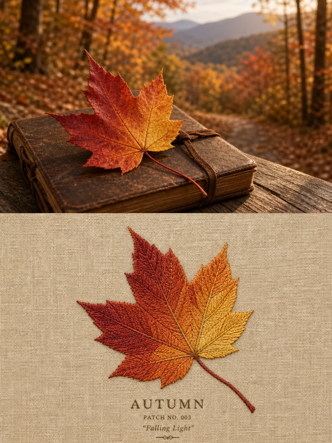 Embroidery from a photo: a maple leaf with veins in stem stitch and the blade a gradient from red into gold