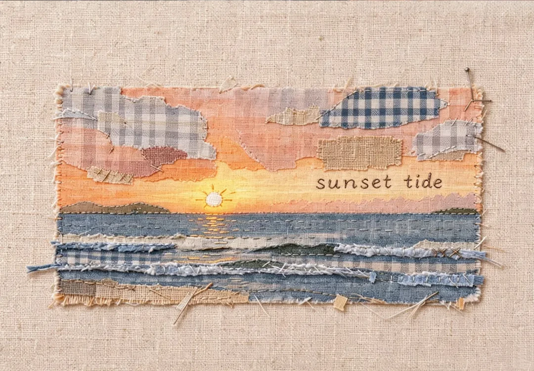 Fabric collage poster: a sunset over the sea in the top half, and the same view stitched from cloth below, with the sun's path kept as one pale stitched line