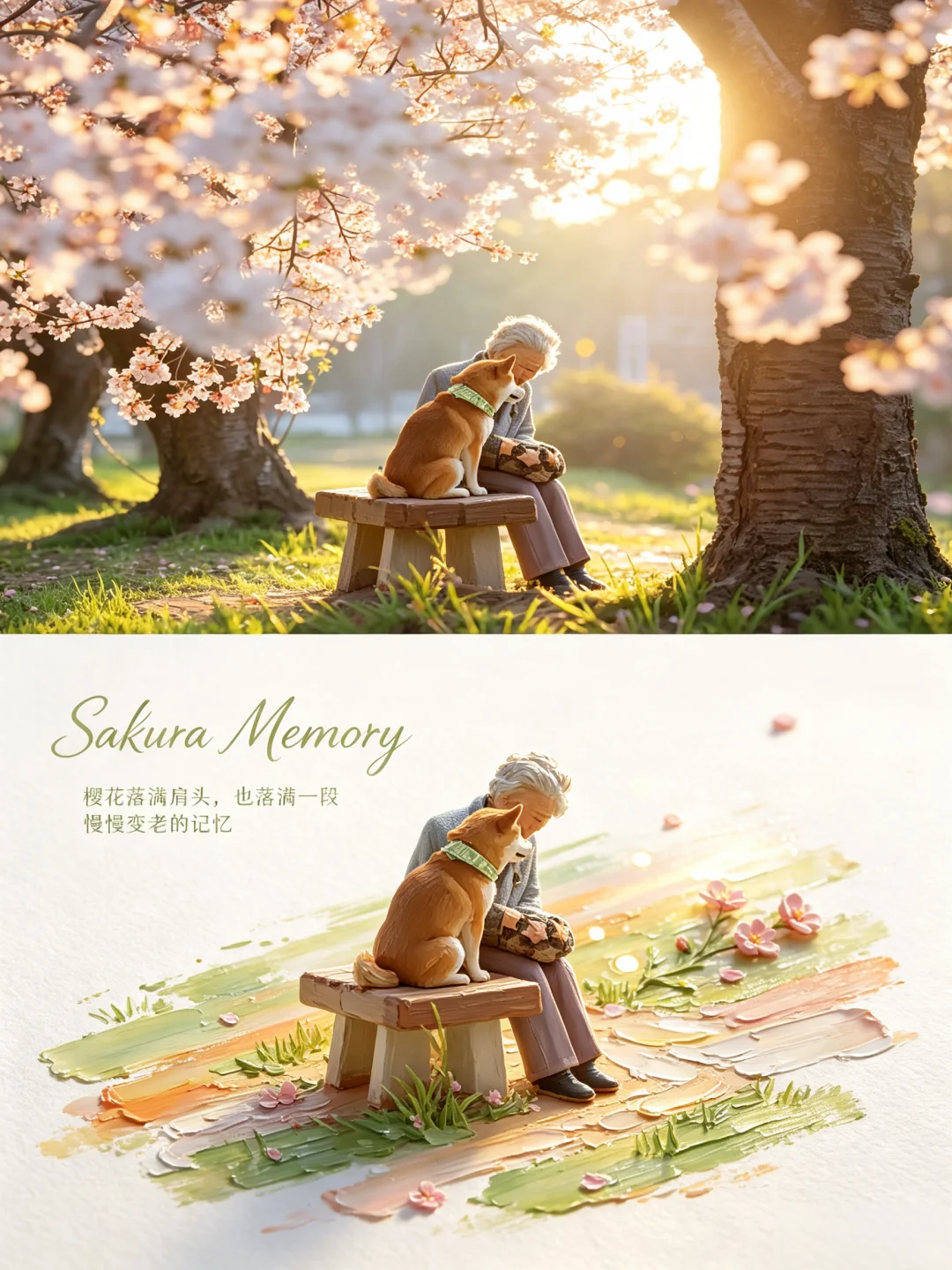 Palette knife painting from a photo of a grandmother and a shiba on a wooden bench, sculpted in paint on a green and peach band with petals