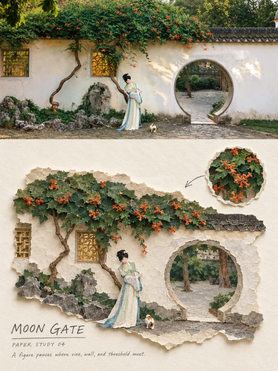 Torn Paper Collage Poster sample: a garden wall and a moon gate rebuilt from hand-torn paper, with the trumpet vine kept orange