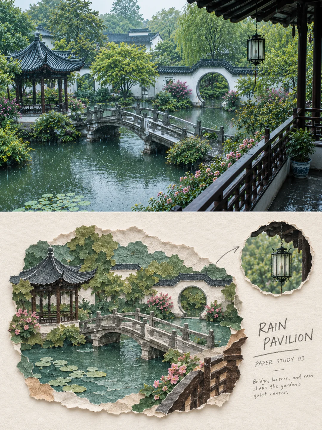 Torn paper collage from a photo: a pavilion and a stone bridge in rain, lily pads torn from thin green paper and a lantern enlarged in a circular inset