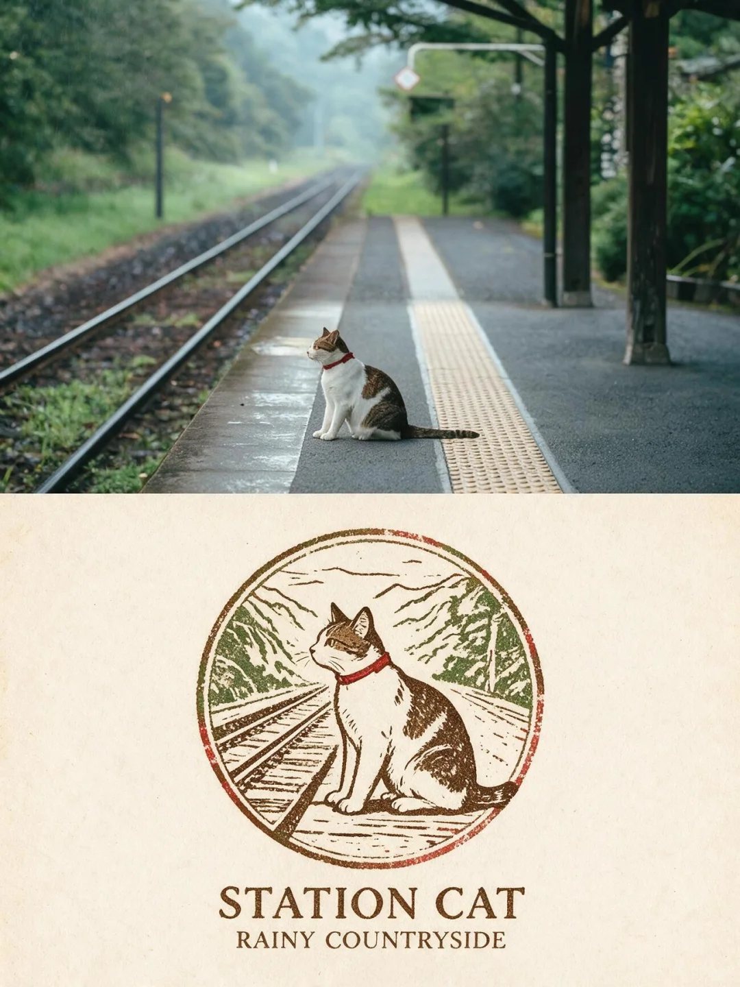 Vintage stamp postcard of a cat on a rainy railway platform, with the cat carved alone into a round stamp below the photo