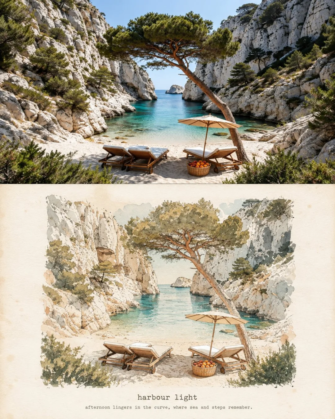 Watercolor travel print from a photo of a pine tree over a limestone cove: the turquoise water becomes two flat washes and the rock keeps its ledges